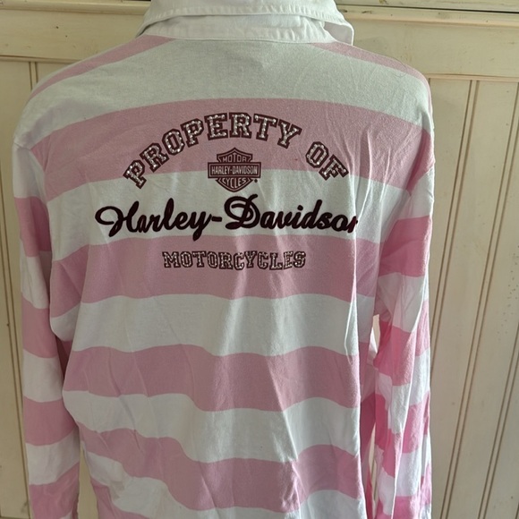 Harley-Davidson Woman’s Long Sleeve Collard Pink and White Striped Shirt - Picture 2 of 9